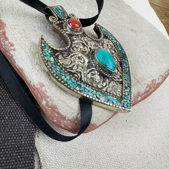 Vintage Turquoise Inlaid Necklace Pendant‎ Coral Big Southwestern - Picture 8 of 10